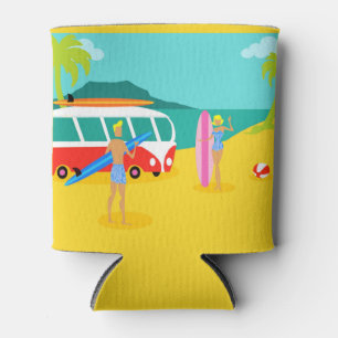 Customizable Retro Surfer Couple Can Cooler