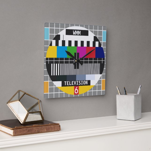 Customizable Retro Tv Test Card Pattern Square Wall Clock (Office)