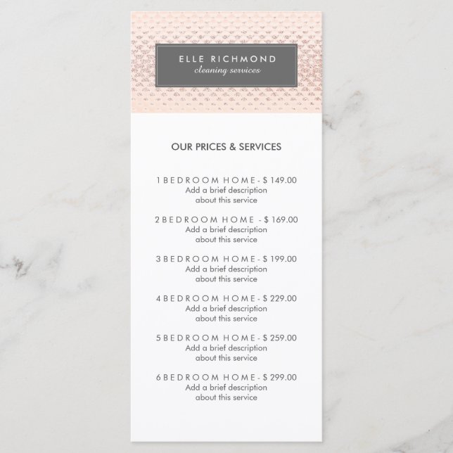 Customizable Rose Gold Menu Rack Card (Front)
