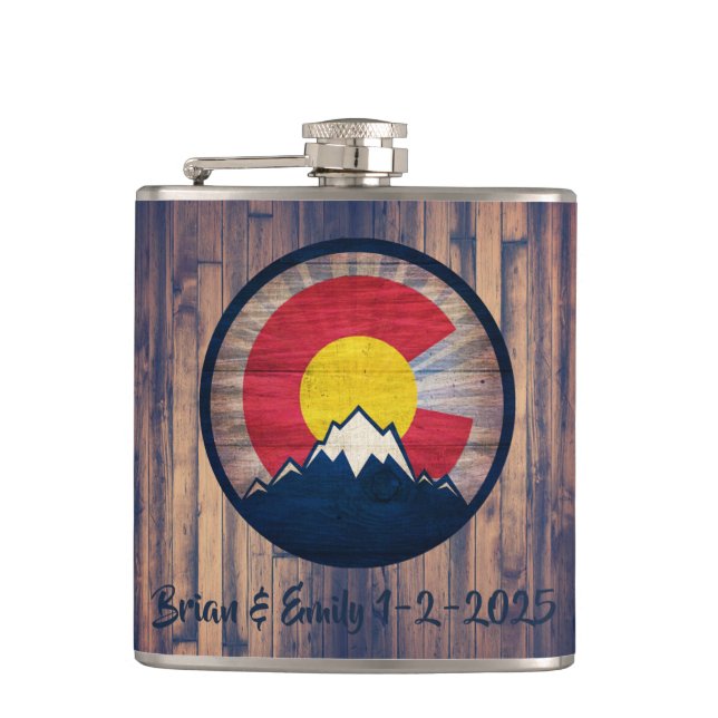 Customizable Rustic Colorado wood C flask (Front)