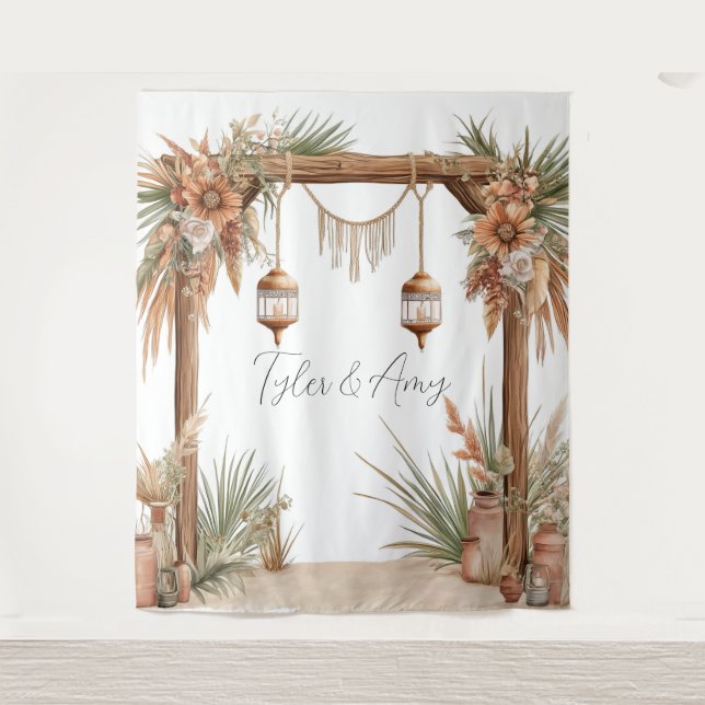 Customizable Rustic Floral Arch Wedding Backdrop Tapestry (Front)