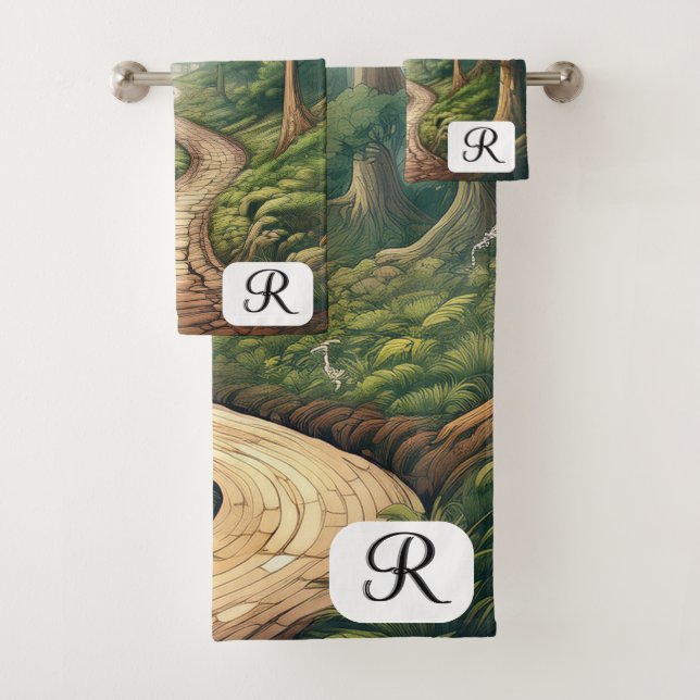 Customizable Rustic Forest Path with Monogram Bath Towel Set (Insitu)