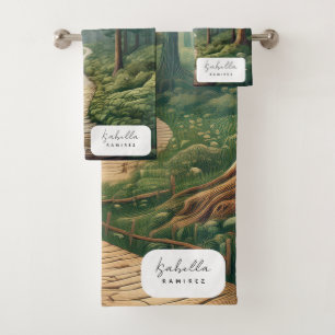 Customizable Rustic Forest Path with Name Bath Towel Set