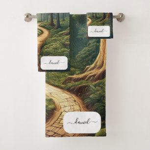 Customizable Rustic Forest Path with Name Bath Towel Set