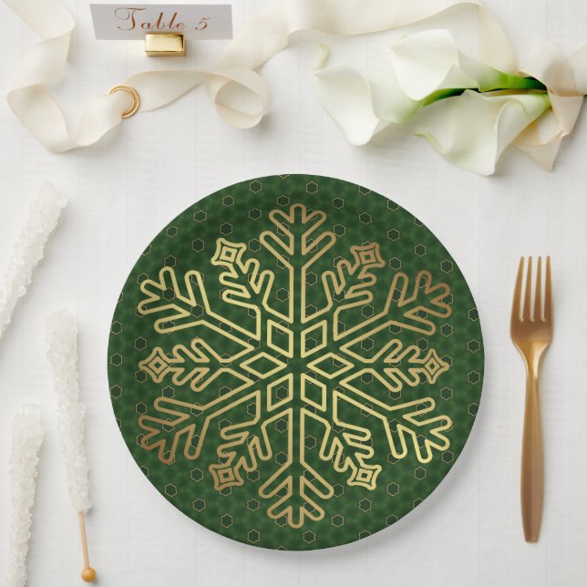 Customizable Sage Green & Gold Snowflake Paper Plate (Wedding)