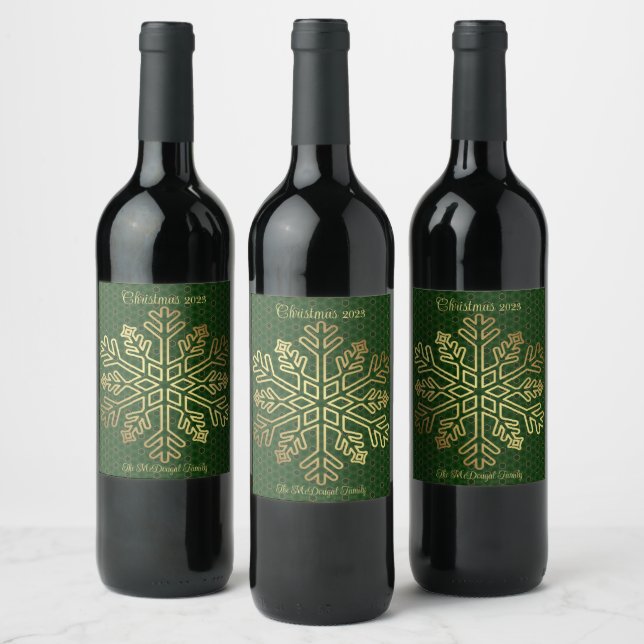 Customizable Sage Green & Gold Snowflake Wine Label (Bottles)