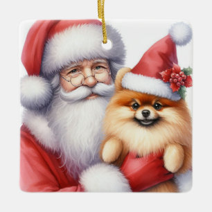 Customizable Santa with Pomeranian Dog Christmas Ceramic Ornament