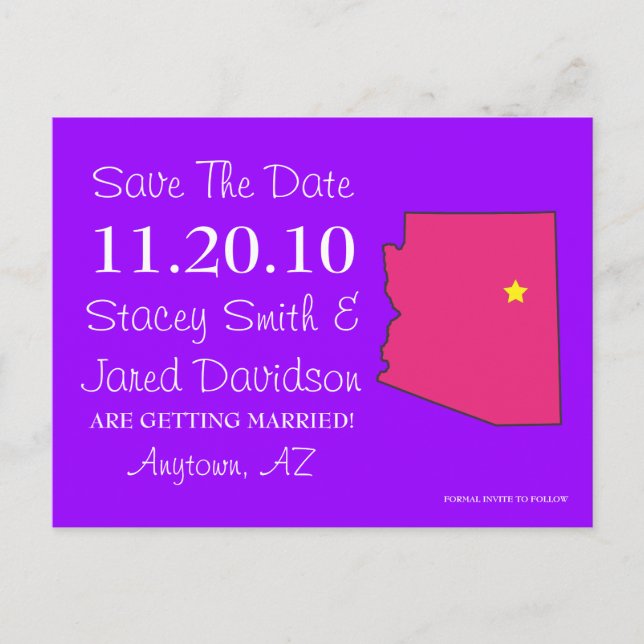 Customizable Save the Date State - ARIZONA Announcement Postcard (Front)