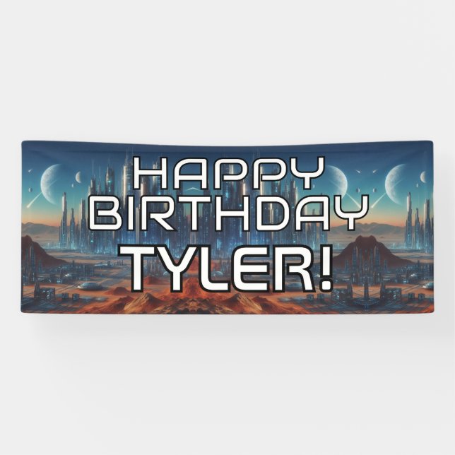 Customizable Sci-Fi themed HAPPY BIRTHDAY with nam Banner (Horizontal)