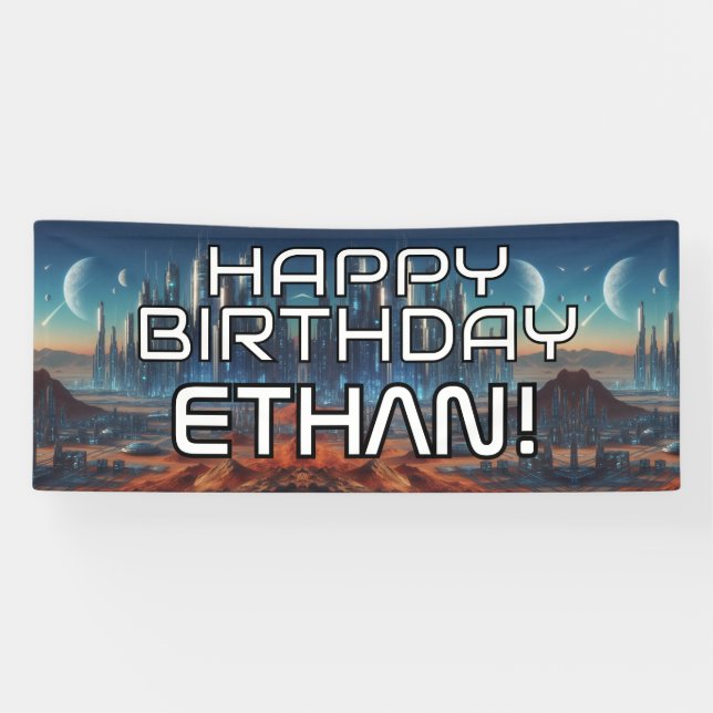 Customizable Sci-Fi themed HAPPY BIRTHDAY with nam Banner (Horizontal)