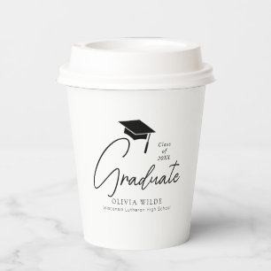 Customizable Script Black & White Graduation 8oz Paper Cups