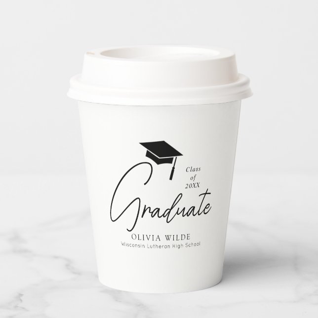 Customizable Script Black & White Graduation 8oz Paper Cups (Back)