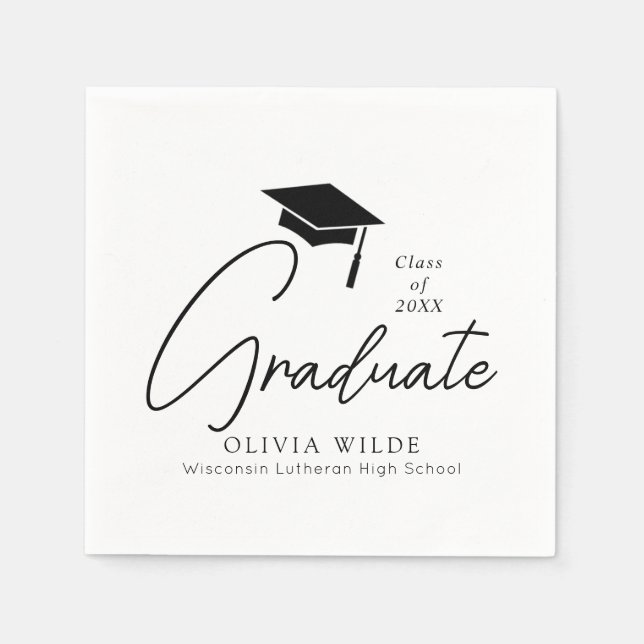Customizable Script Black & White Graduation Paper Napkin (Front)