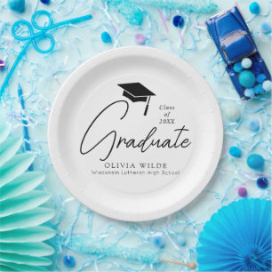 Customizable Script Black & White Graduation Paper Plate
