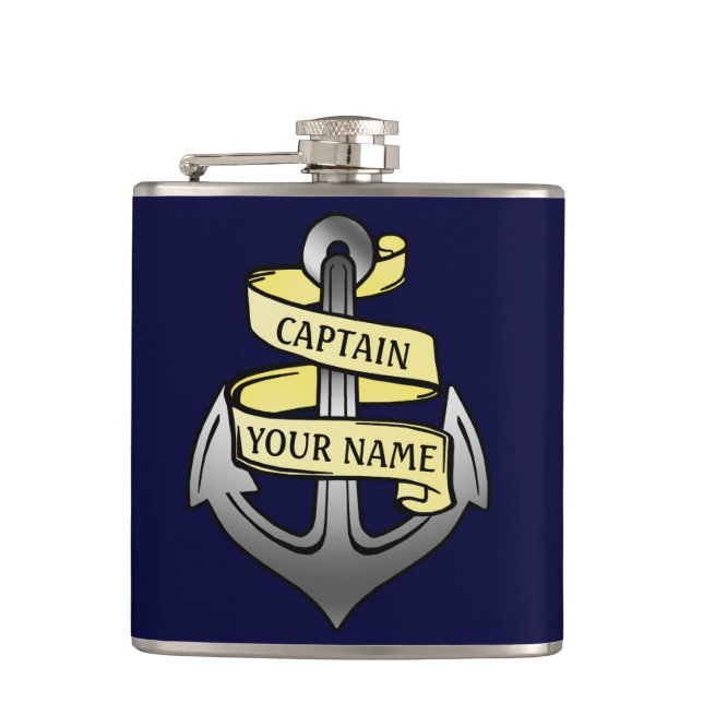 Customizable Ship Captain Your Name Anchor Hip Flask (Front)