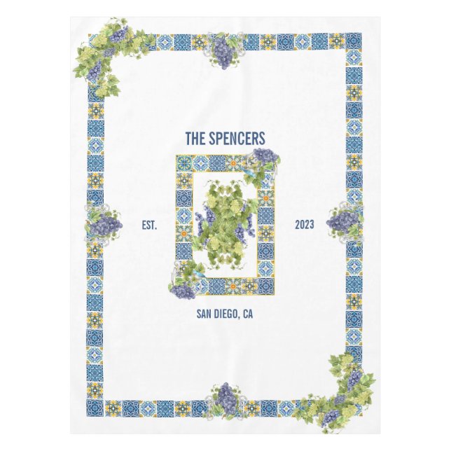 Customizable Sicilian Majolica Tiles Fancy Grapes Tablecloth (Front)