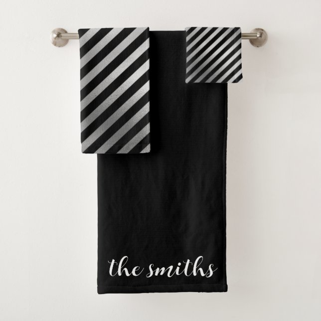 Customizable Silver and Black Stripes Towel Set (Insitu)