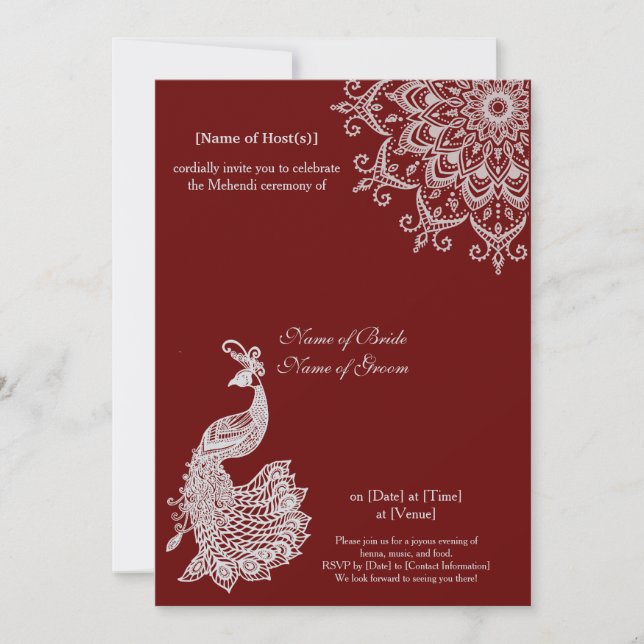 Customizable Silver Dark Red Mehendi Henna Indian Invitation (Front)