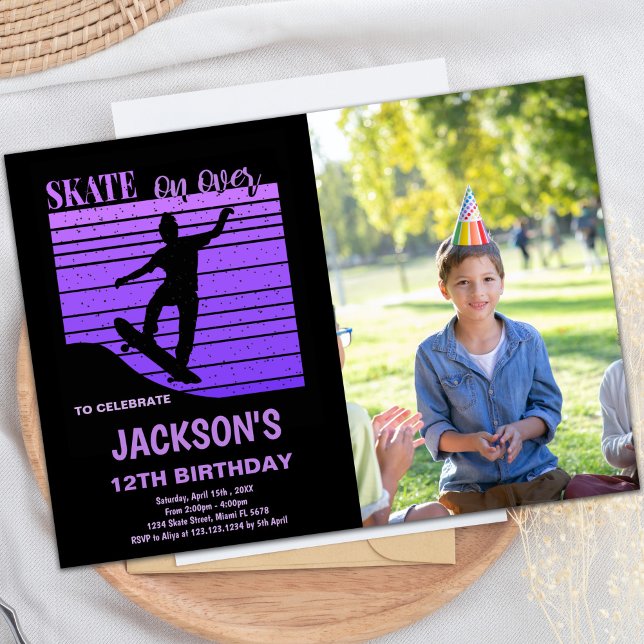 Customizable Skating Party Invitations for Kids (Purple Skateboard Birthday Invitations w photo)