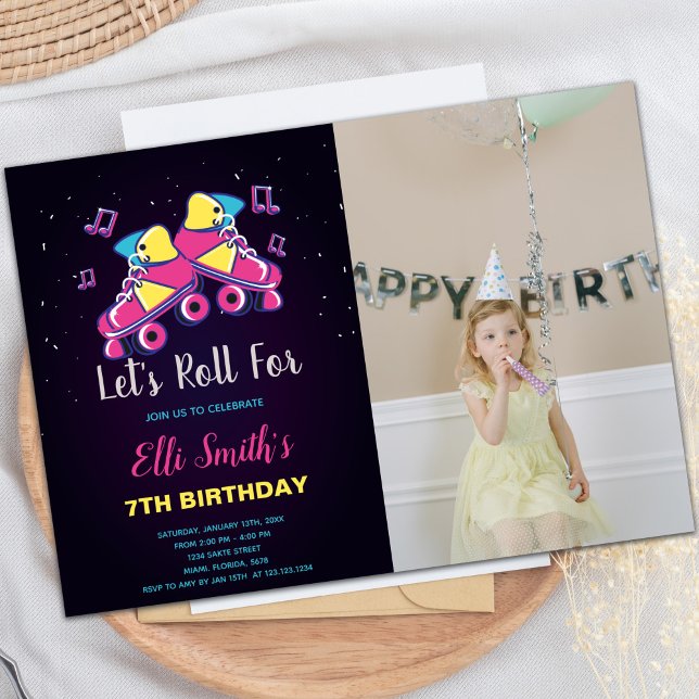 Customizable Skating Party Invitations for Kids (Pink Skate invitations with photo)