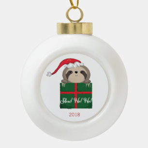 Customizable Slow! Ho! Ho! Sloth Christmas Santa Ceramic Ball Christmas Ornament