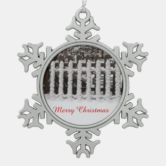 Customizable Snow on a picket fence Snowflake Pewter Christmas Ornament (Front)