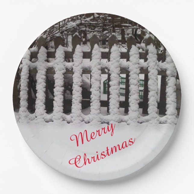 Customizable snow on a picket fence with text paper plate (Front)
