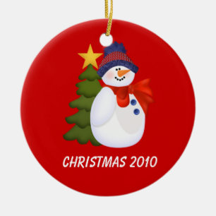 Customizable Snowman and Christmas Tree Ceramic Ornament