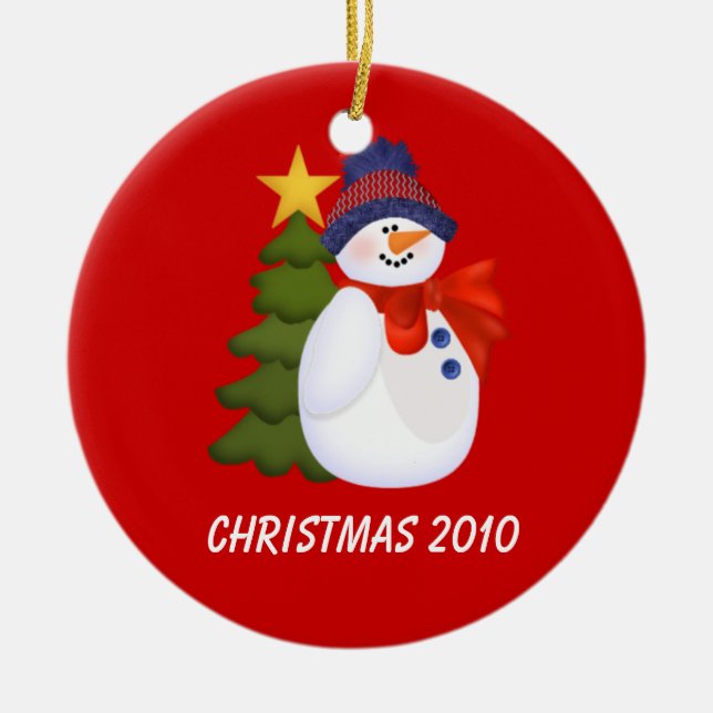 Customizable Snowman and Christmas Tree Ceramic Ornament (Front)