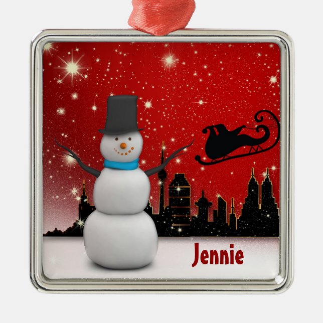 Customizable Snowman Ormanent Metal Ornament (Front)