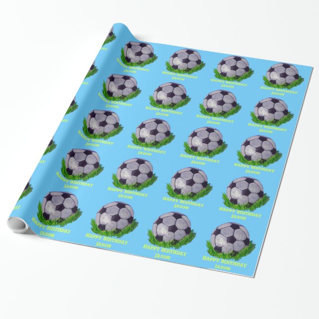 Customizable Soccer ball on grass Wrapping Paper (Unrolled)