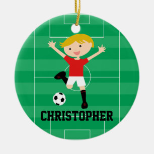 Customizable Soccer Boy 1 Red and White Ceramic Ornament