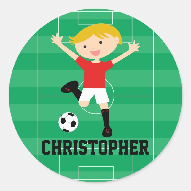 Customizable Soccer Boy 1 Red and White Classic Round Sticker (Front)