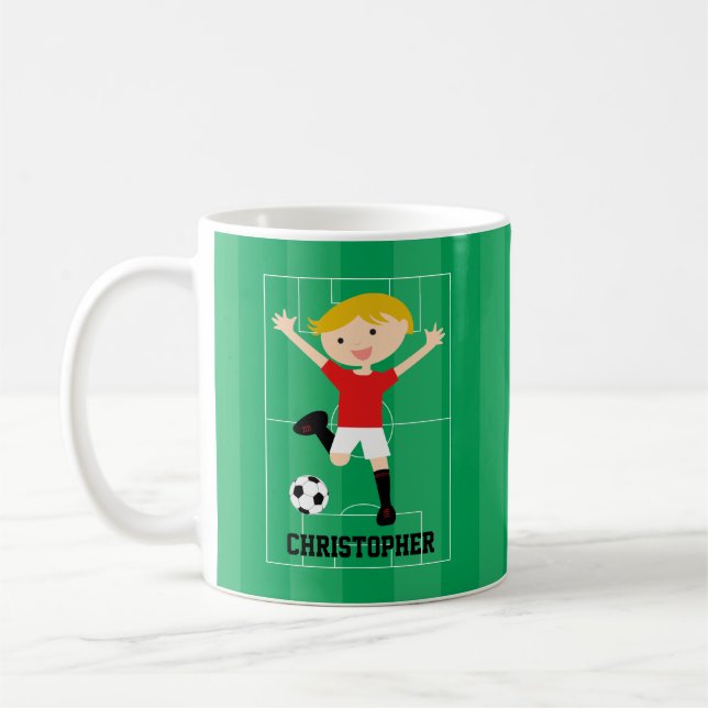 Customizable Soccer Boy 1 Red and White Coffee Mug (Left)