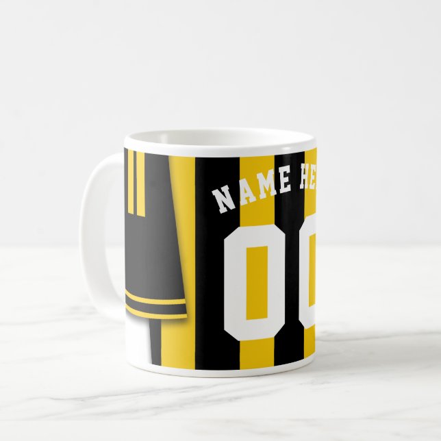 Customizable Soccer Jersey Mug, Black Gold Stripes Coffee Mug (Front Left)