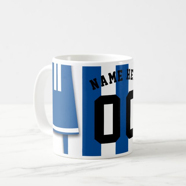 Customizable Soccer Jersey Mug, Blue Stripes Coffee Mug (Front Left)