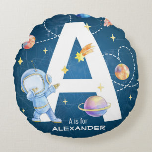 Customizable Space Adventure Letter 'A'  Round Pillow