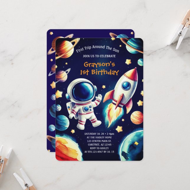 Customizable Space-Themed 1st Birthday Invitation  (Front/Back In Situ)