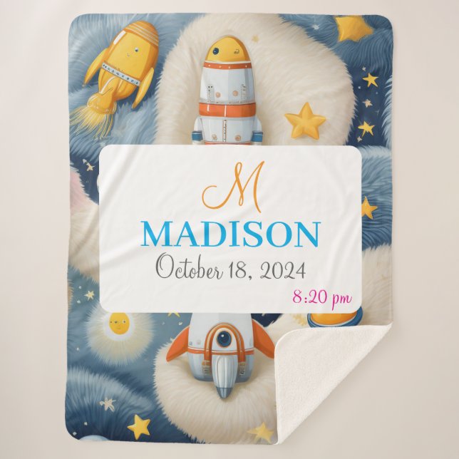 Customizable Space with Name, Monogram & Birthday Sherpa Blanket (Front)