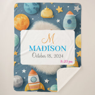 Customizable Space with Name, Monogram & Birthday Sherpa Blanket