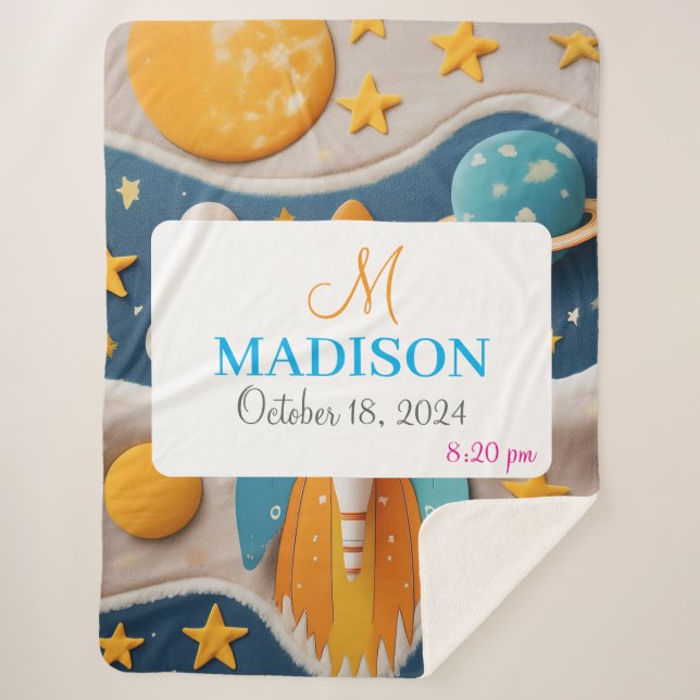 Customizable Space with Name, Monogram & Birthday Sherpa Blanket (Front)