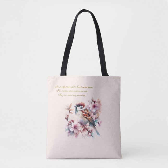 Customizable Sparrow Bible Verse Blush Pink Tote Bag (Front)