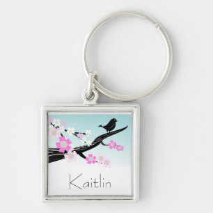 Customizable sparrow bird cherry blossoms graphic keychain