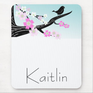 Customizable sparrow bird cherry blossoms graphic mouse pad