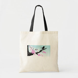 Customizable sparrow bird cherry blossoms graphic tote bag