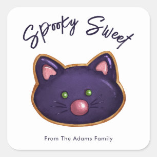 Customizable Spooky Sweet Black Cat Sugar Cookie Square Sticker