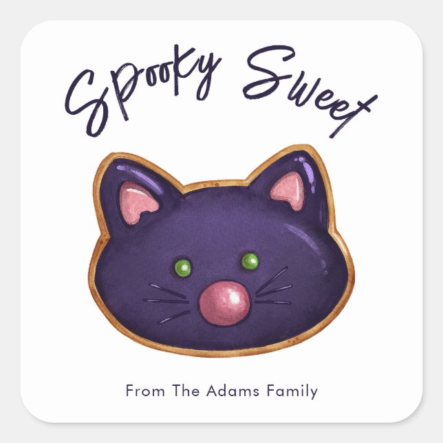 Customizable Spooky Sweet Black Cat Sugar Cookie Square Sticker (Front)