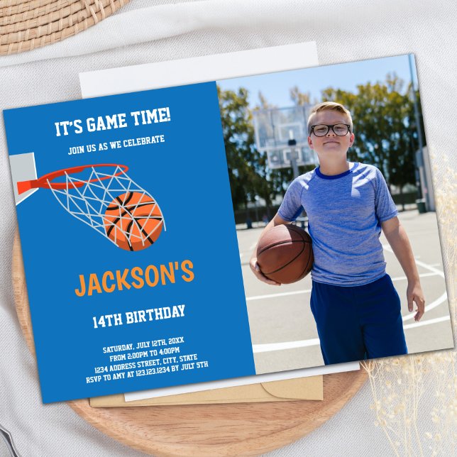 Customizable Sports Party Invitations for Kids (Blue Orange Basketball Birthday Invitations photo)