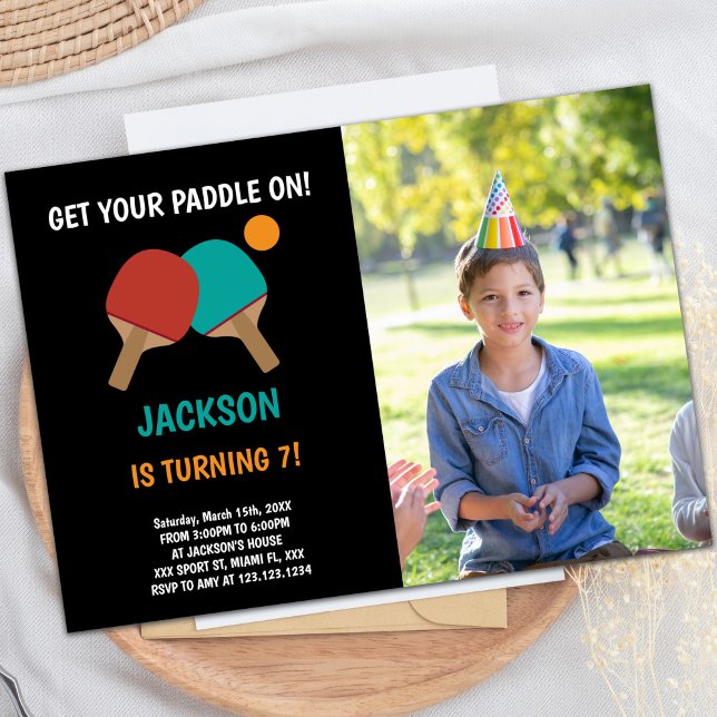 Customizable Sports Party Invitations for Kids (Black Ping pong Birthday Invitations with photo)