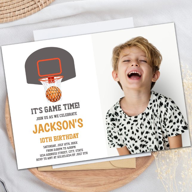 Customizable Sports Party Invitations for Kids (Gray Basket Basketball Invitations with photo)